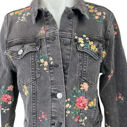 Driftwood Trucker Black Embroidered Floral Button Down Denim Jean Coat Jacket M