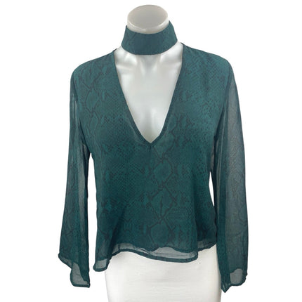 Olivaceous Women's Green Snakeskin Choker V-neck Long Bell Sleeve Blouse Top M