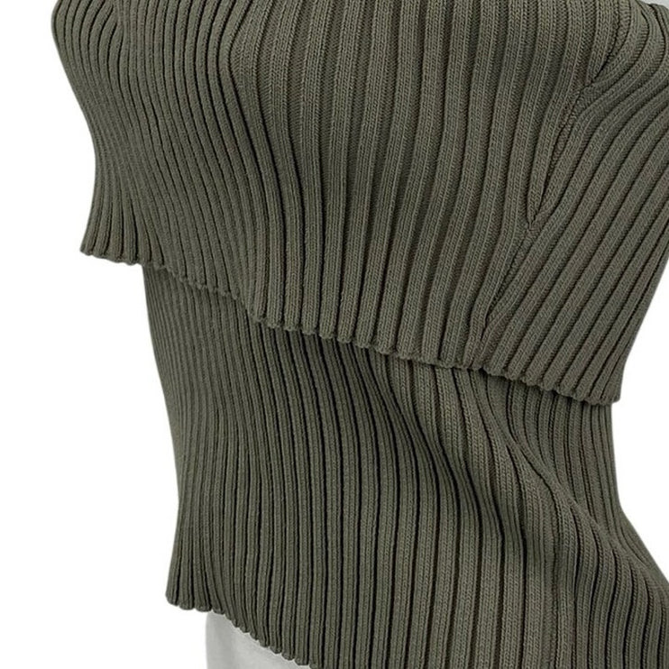 Zara Women's Green Ribbed Knit Sleeveless Strapless Tube Bandeau Slim Crop Top L