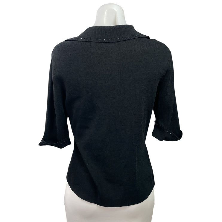 Ruby Cho Womens Black Rhinestone Knit Collared Half Sleeve Polo Shirt Top Size L