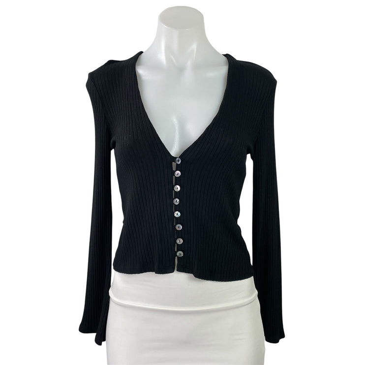 Reformation Virgil Black Ribbed Knit V Neck Long Sleeve Button Up Crop Top Sz M