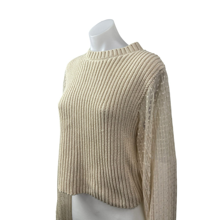 Zara Womens Beige Cable Knit Sheer Polka Dot Long Sleeve Crew Neck Sweater Top L