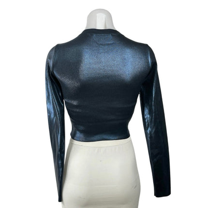 Zara Foil Knit Metallic Shiny Crew Neck Long Sleeve Slim Crop Tee T-Shirt Top S