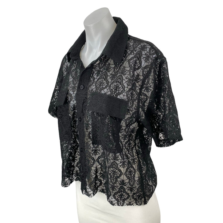Forever 21 Men's Black Floral Lace Sheer Mesh Short Sleeve Button Up Shirt Top S