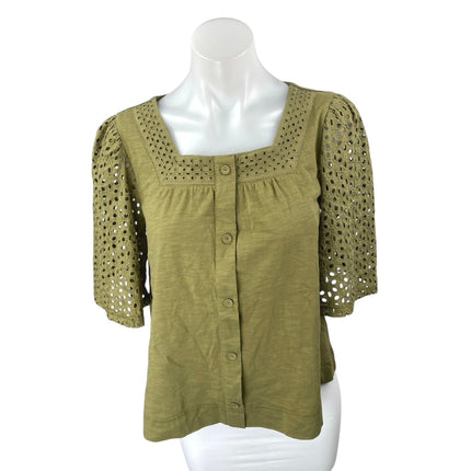NEW Jane Delancey Green Embroidered Eyelet Short Puff Sleeve Blouse Top Size M