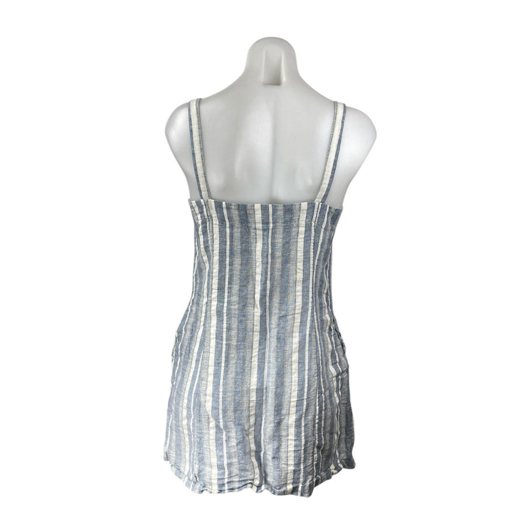Aqua Blue Linen Striped Sleeveless Cami Camisole Button Down Tank Shift Dress M