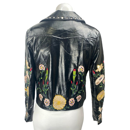 Ellie White Black Patent Faux Leather Studded Floral Embroidered Moto Jacket S