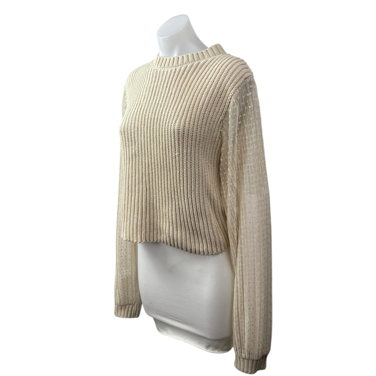 Zara Womens Beige Cable Knit Sheer Polka Dot Long Sleeve Crew Neck Sweater Top L