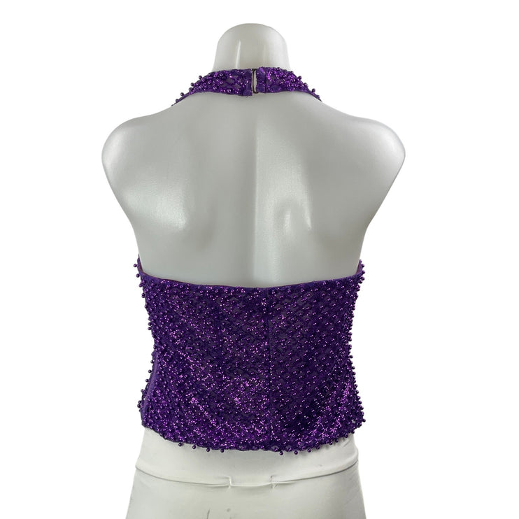 Oh Polly Purple Violet Halter Square Neck Rhinestone Open Back Crop Top Size 8