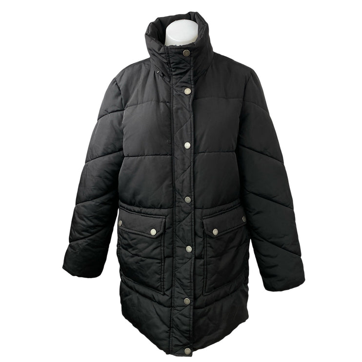 Lucky Brand Black High Neck Long Sleeve Button Zip Quilted Puffer Coat Jacket M