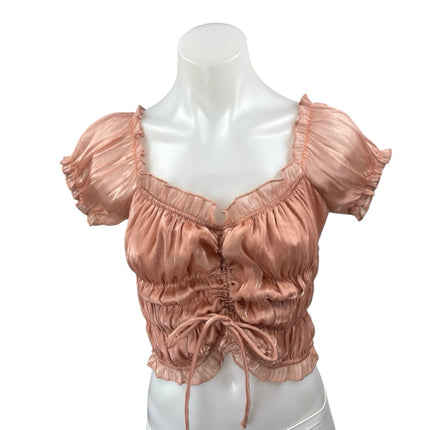 Tiger Mist Pink Metallic Ruched Cinched Short Puff Sleeve Crop Blouse Top Size M
