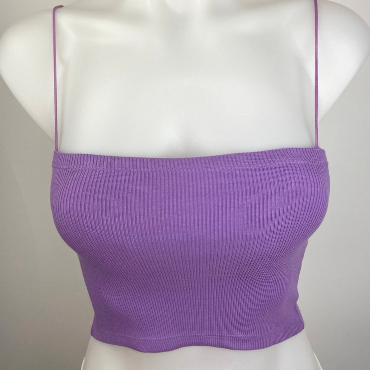 Zara NWT Purple Ribbed Knit Spaghetti Straps Square Neck Cami Crop Top Size S