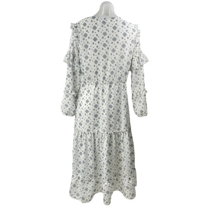 Sharon Max White Floral Long Sleeve Ruffle Tie Neck Tiered A Line Midi Dress M