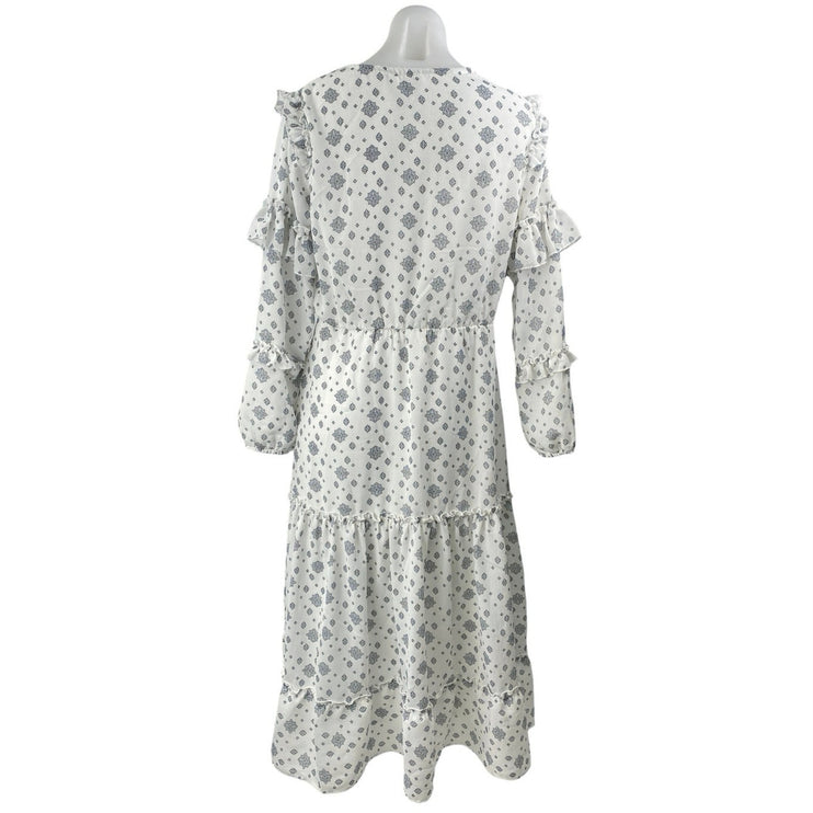 Sharon Max White Floral Long Sleeve Ruffle Tie Neck Tiered A Line Midi Dress M