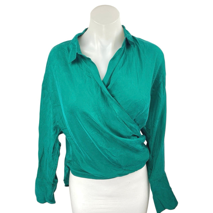 NEW Sovere Arlo Women's Green Long Sleeve Faux Wrap Shirt Blouse Top Size S