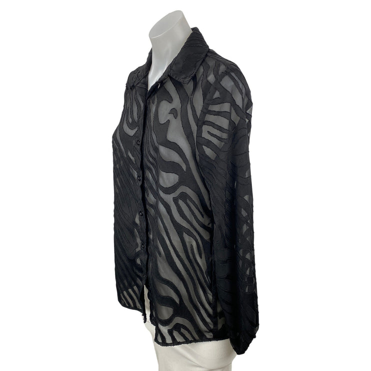 Boohoo Women's Black Mesh Abstract Sheer Long Sleeve Button Down Shirt Top Sz 6