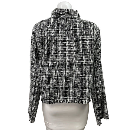 Lush Women's Black Tweed Plaid Long Sleeve Fringe Button Up Blazer Coat Jacket M