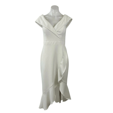 Xscape White Sleeveless Ruffle Slit V Neck Sheath Midi Evening Dress Size 4