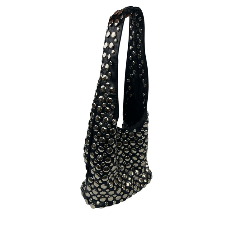 Women's Black Silver Studded Vegan PU Leather Snap Hobo Shoulder Handbag OS