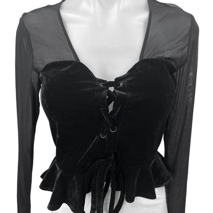 NBD Black Mesh Velour Velvet Long Sleeve Lace Up Crop Peplum Blouse Top Size S