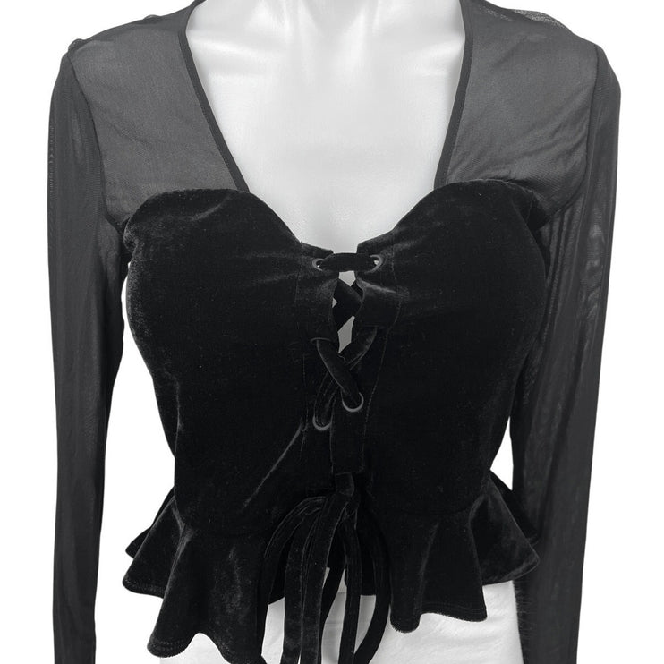 NBD Black Mesh Velour Velvet Long Sleeve Lace Up Crop Peplum Blouse Top Size S