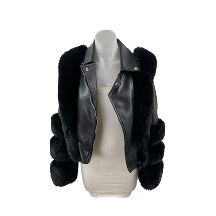 Women's Black Faux Fur Trim Faux Vegan Leather Crop Moto Biker Coat Jacket Sz S