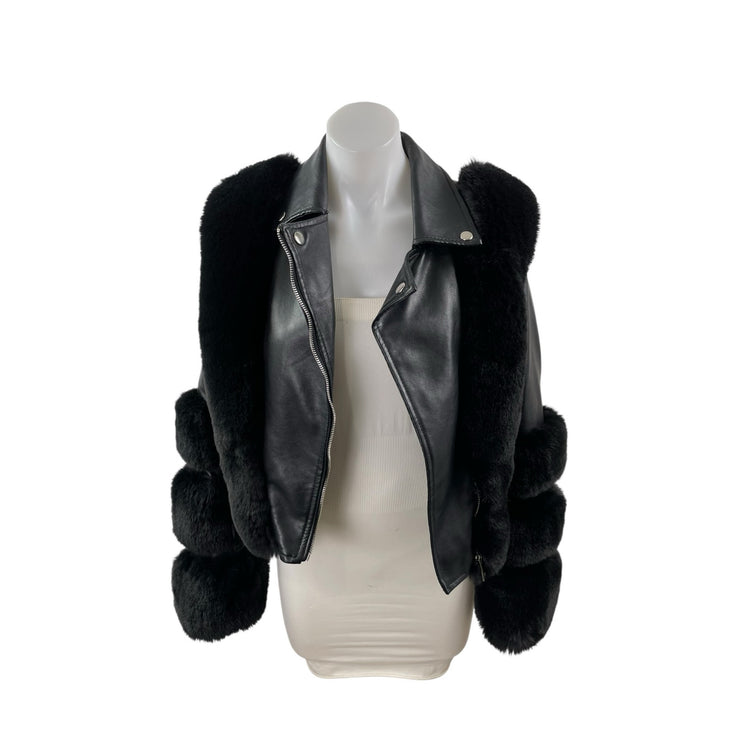 Women's Black Faux Fur Trim Faux Vegan Leather Crop Moto Biker Coat Jacket Sz S