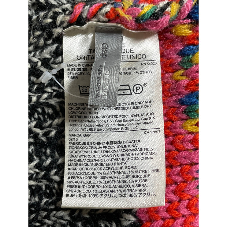 Gap Women's Black Happy Rainbow Print Knit Pom Pom Bonnet Beanie Hat Cap OS