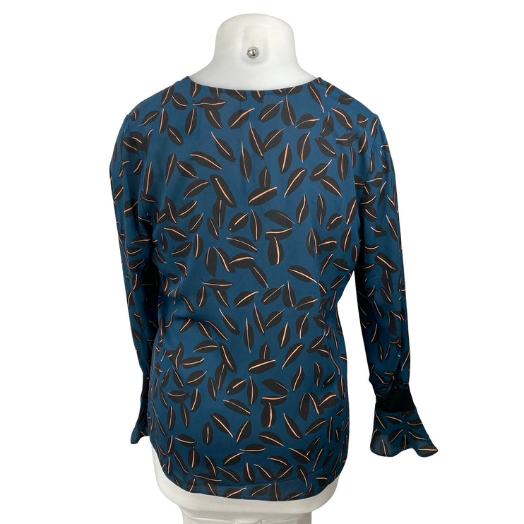 NEW Cabi Kate Shadow Leaf Women's Teal Blue V Neck Long Bell Sleeve Blouse Top L