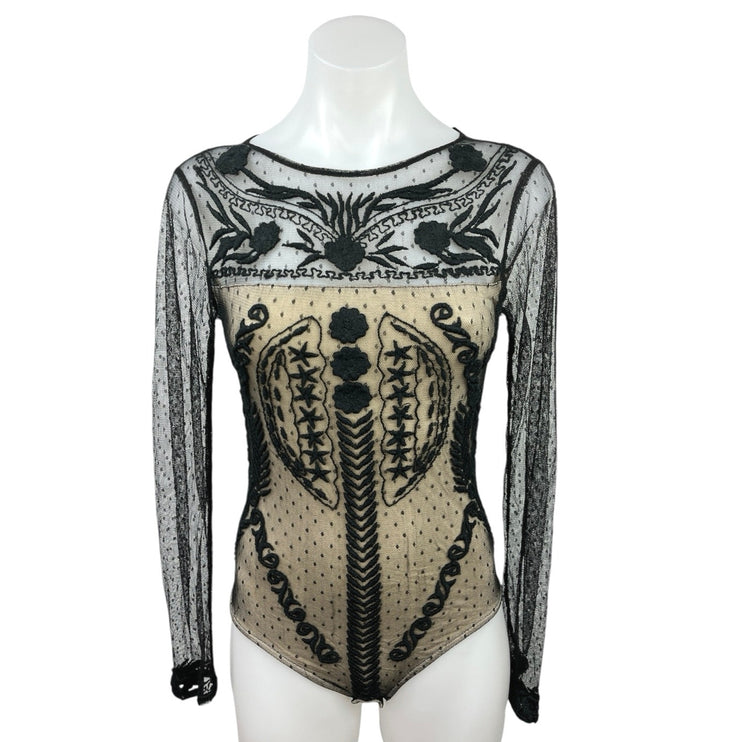 Willow & Clay Black Cream Mesh Lined Embroidery Lace Long Sleeve Bodysuit Top XS