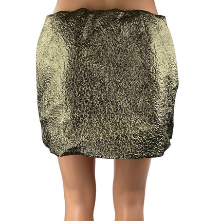 Abercrombie & Fitch Gold Metallic Crinkled Mid Rise Side Zip Mini A-line Skirt S