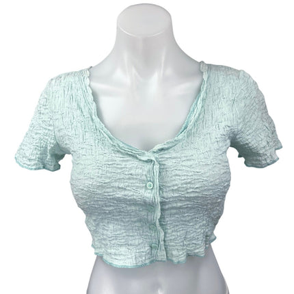 Urban Outfitters Blue Short Sleeve Textured Crinkled Button Down Crop Top Size S