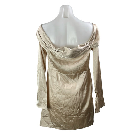 PRETTYLITTLETHING Gold Satin Off The Shoulder Long Sleeves Corset Mini Dress 10