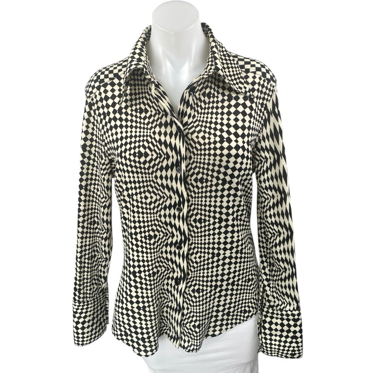 NEW Zara Black White Checkered Abstract Long Sleeve Button Down Shirt Top Size L