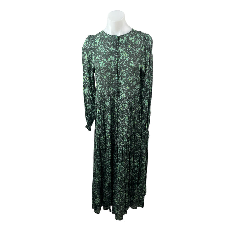 Zara The Angel Green Floral Smocked Long Sleeve Midi Maxi A-Line Shirt Dress S