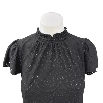 Faith & Zoe Black Eyelet Embroidered Mock Neck Short Sleeve Blouse Top Size XS