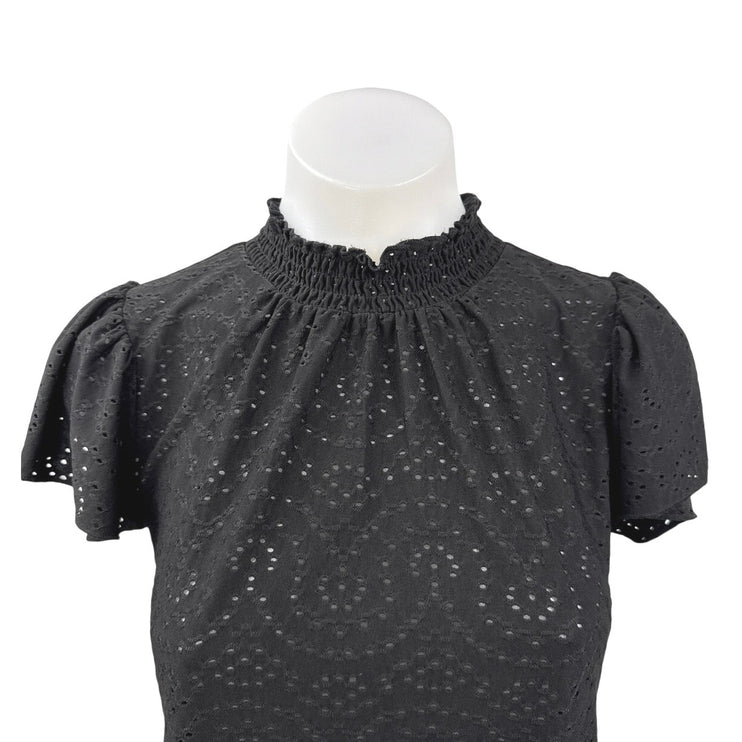 Faith & Zoe Black Eyelet Embroidered Mock Neck Short Sleeve Blouse Top Size XS