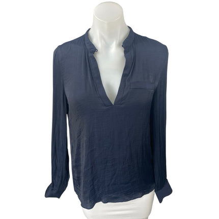 Zara Women's Blue Long Sleeve Plunge V-Neck Pocket Shirt Blouse Top Size XS