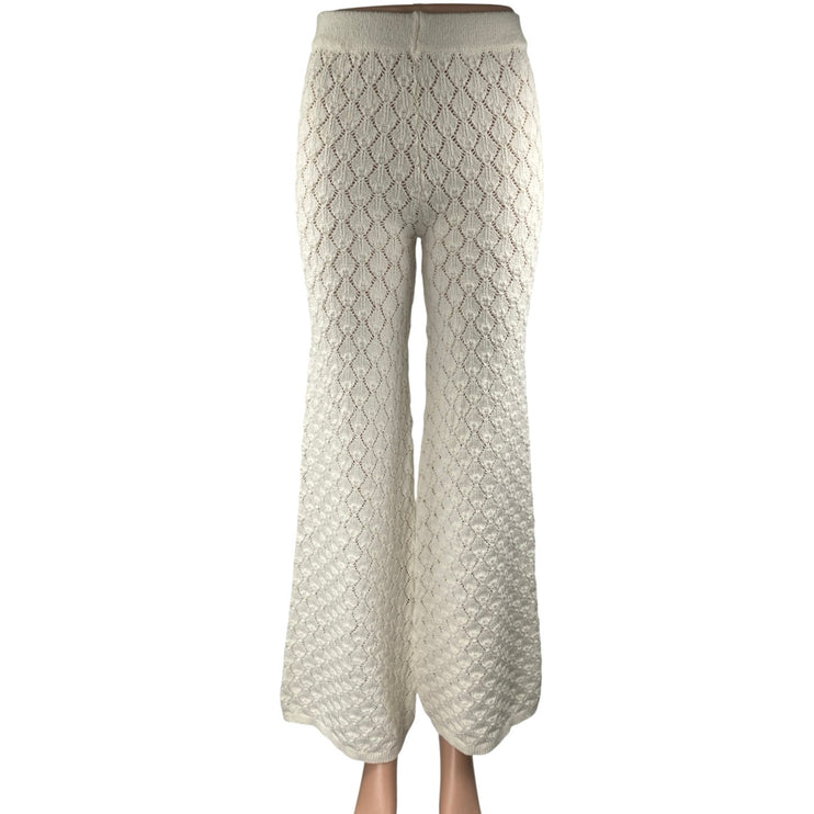 White Open Knit Semi Sheer High Waisted Flare Bootcut Beach Cover Up Pants XS/S