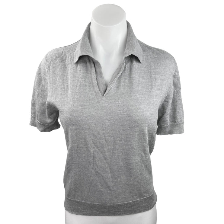 Atelier Munro Gray 100% Wool Short Sleeve Collar V-Neck Knit Polo Shirt Top Sz S