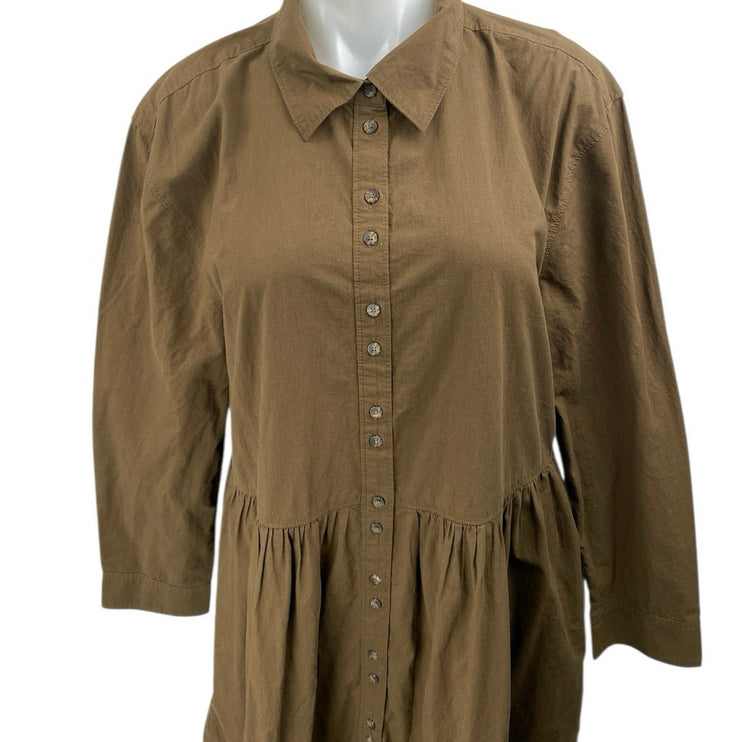 NEW Madewell Brown Pleated Long Sleeve Tiered A Line Midi Shirt Dress Size L