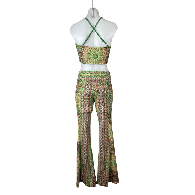 Wolven Fauna Green Mandala Sleeveless Crop Tank Top Flare Trousers Pants Set L