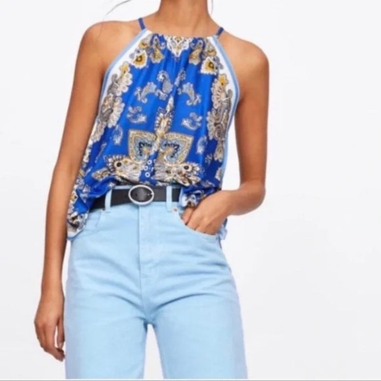 Zara Blue Floral Paisley Sleeveless Scarf Asymmetric High Neck Tank Blouse Top S