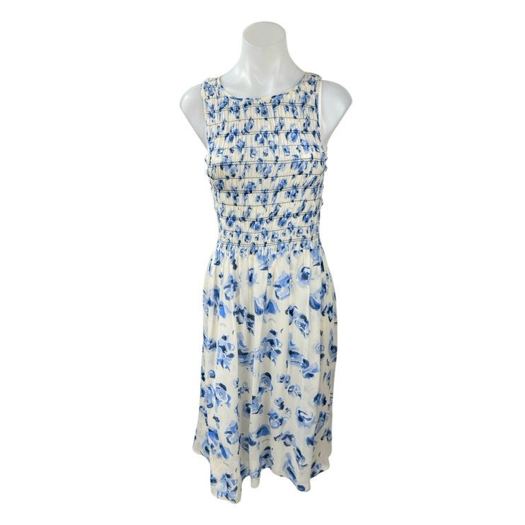 Club Monaco 100% Silk Feleenie Floral Smocked Sleeveless Midi A-Line Dress Sz 4