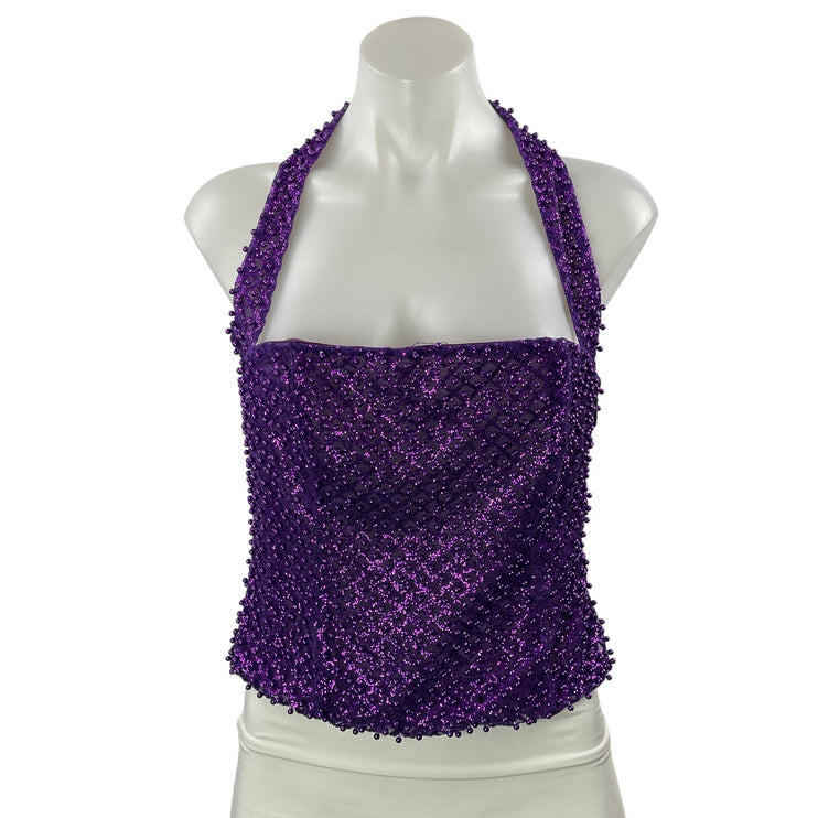 Oh Polly Purple Violet Halter Square Neck Rhinestone Open Back Crop Top Size 8