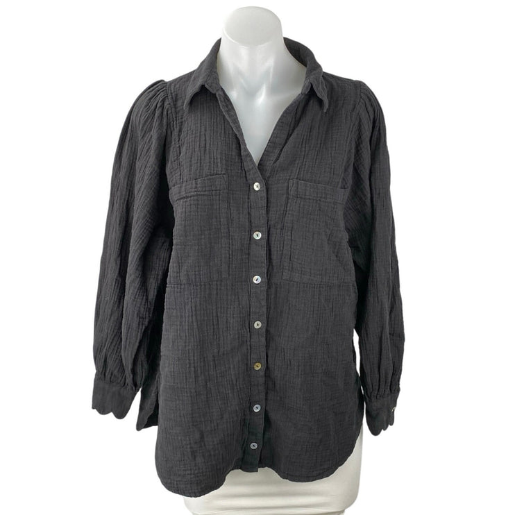 Topshop Women's Dark Gray Long Balloon Sleeve Pocket Button Up Shirt Top Size 2