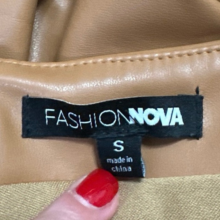 Fashion Nova Brown Faux Leather Ruched Cutout Sleeveless Mini Pencil Dress Sz S
