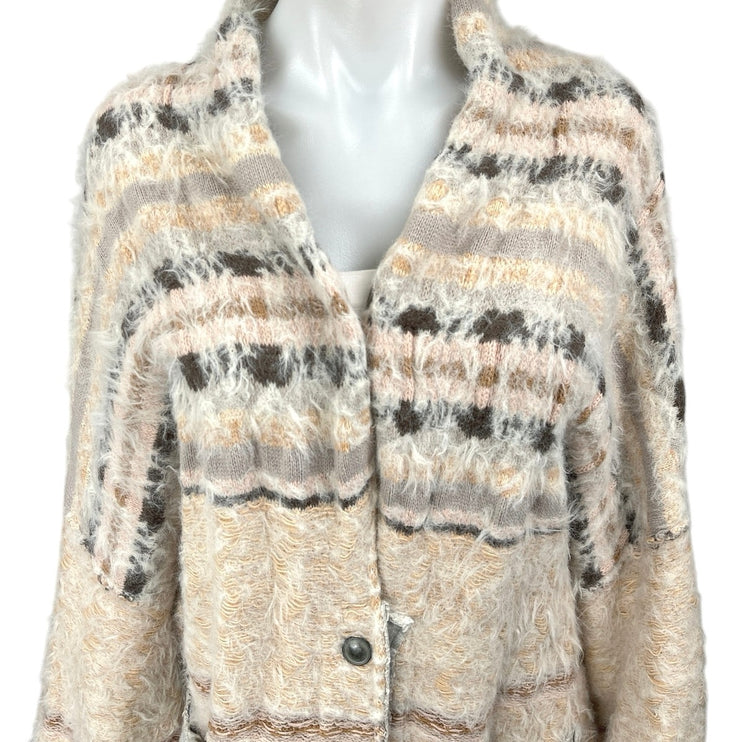 Free People Fair Weather Cream Fuzzy Knit Long Sleeve Cardigan Sweater Top Sz L