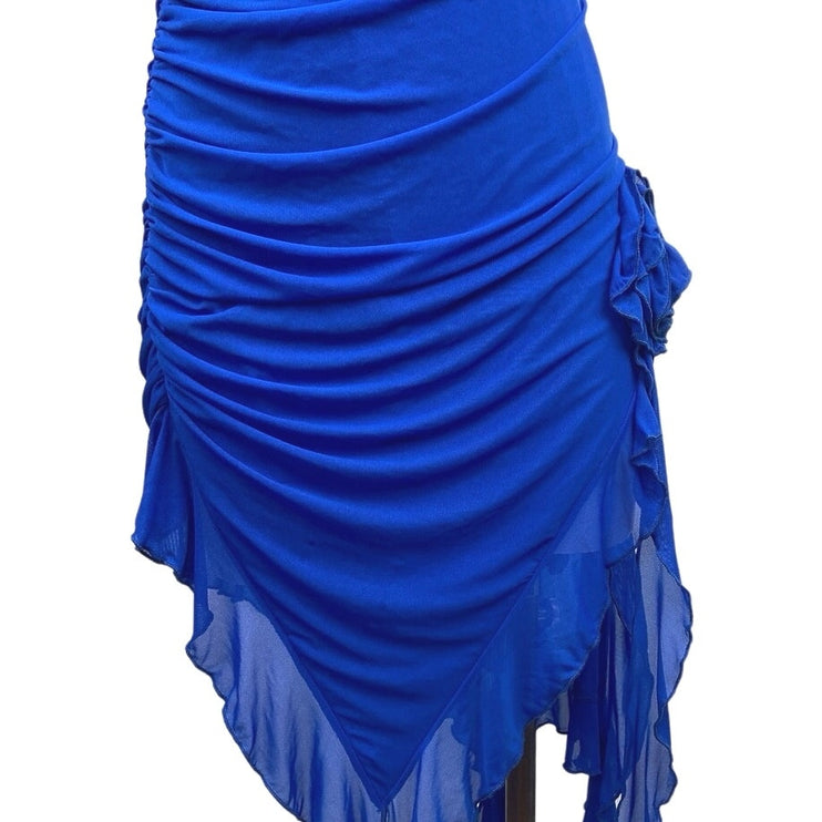 SHEIN Blue One Shoulder Ruffle Asymmetrical Hem Ruched Bodycon Party Dress Sz 6