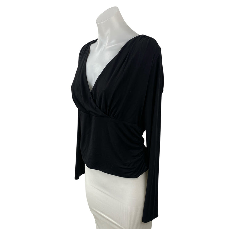 NEW Ann Taylor Women's Black Ruched Wrap Front V Neck Long Sleeve Blouse Top L